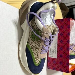 Tory Burch monogram good luck trainer. Perfect navy 200